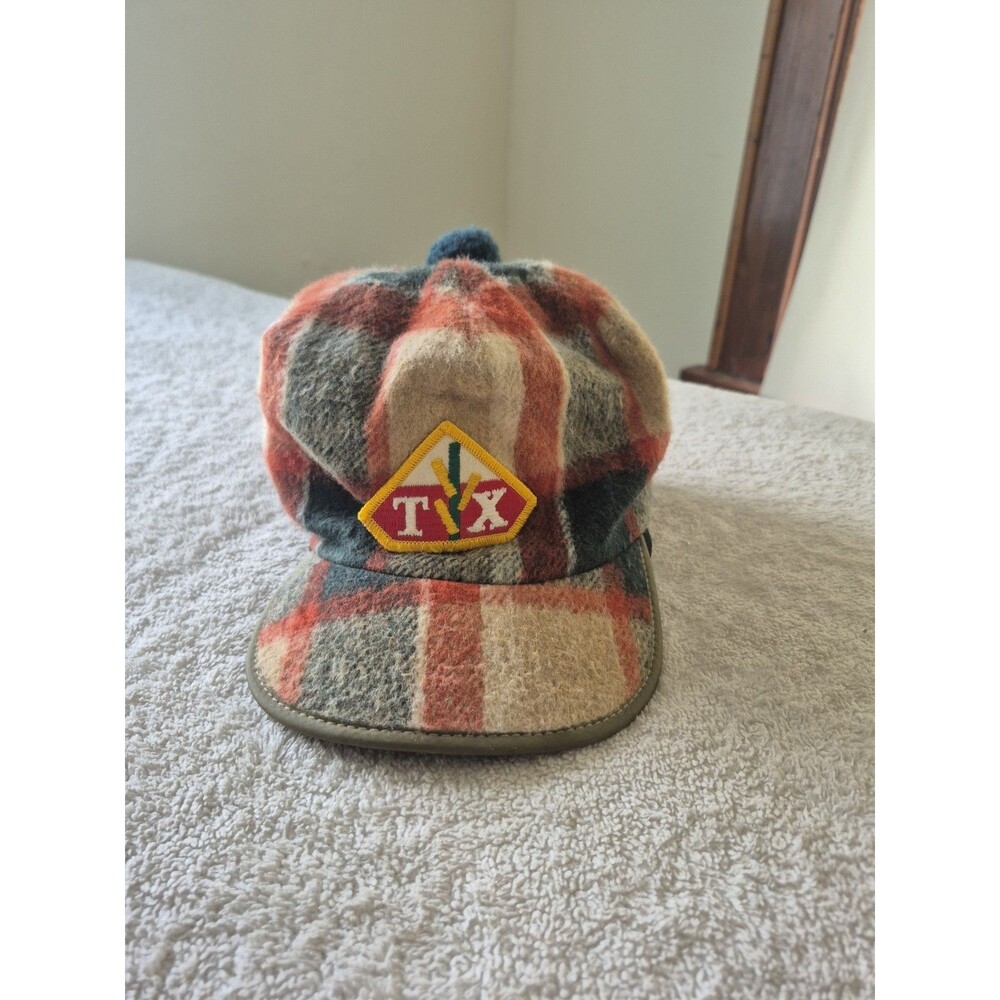 Vintage Plaid Hunting Cap TX Patch Ear Flaps Pom Pom Size 7 1/8